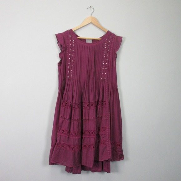Anthropologie Vanessa Virginia Mini Dress L Purple Cotton Lace Ruffle Boho 430 - Picture 1 of 13